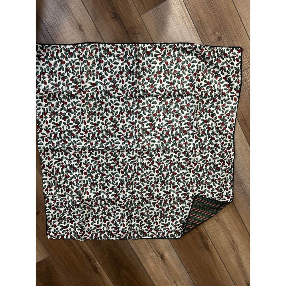 Longaberger Christmas Holly tablecloth double sided 25” corded edge